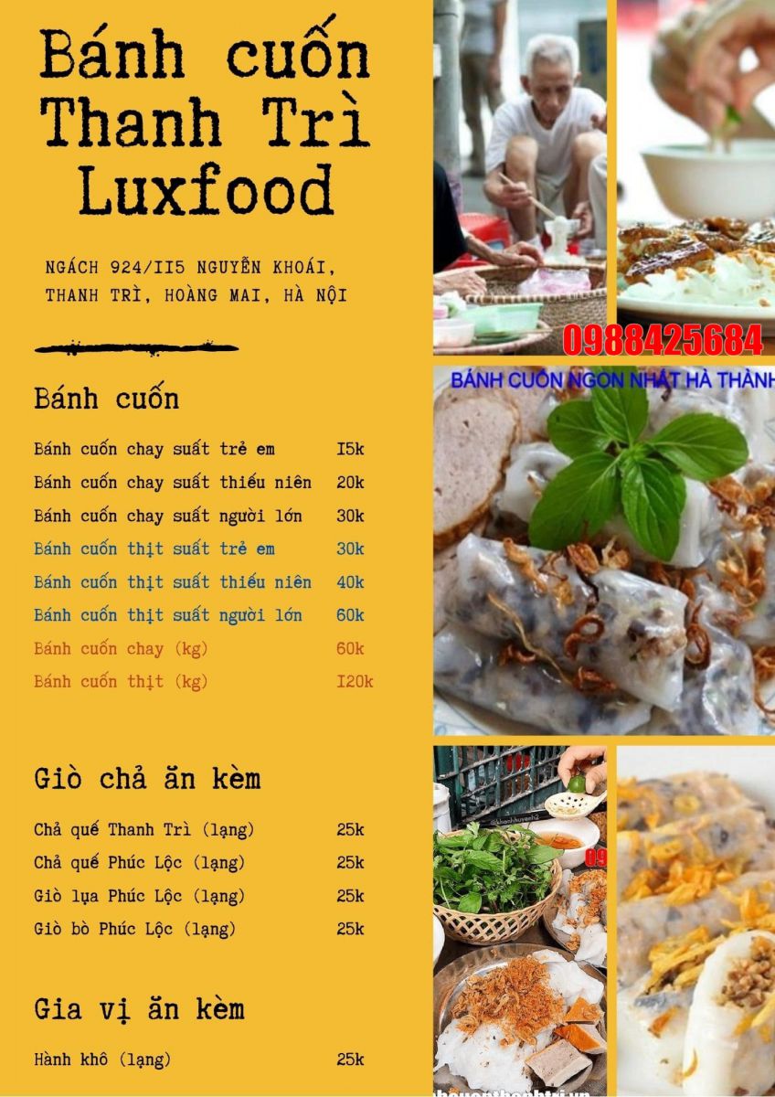 thực đơn bánh cuốn Thanh Trì Luxfood